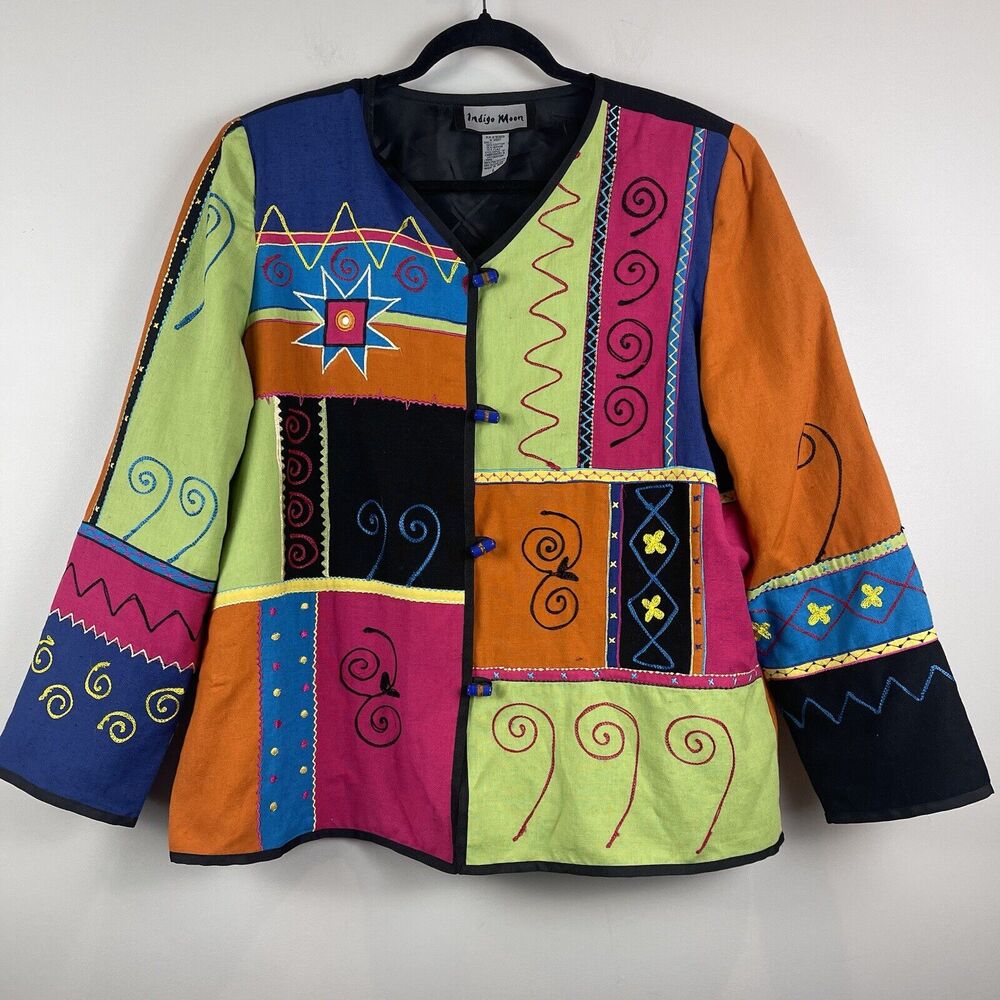 Indigo‎ Moon Womens Patchwork Jacket Large Retro Avant Garde Art to Wear Boho